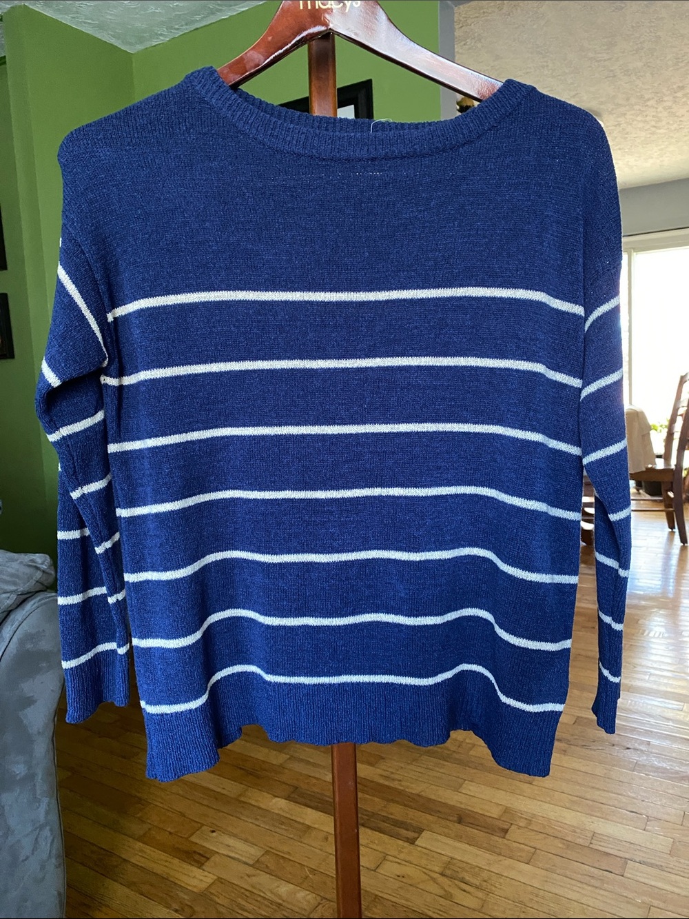 Women's Navy and White Striped Crewneck Sweater